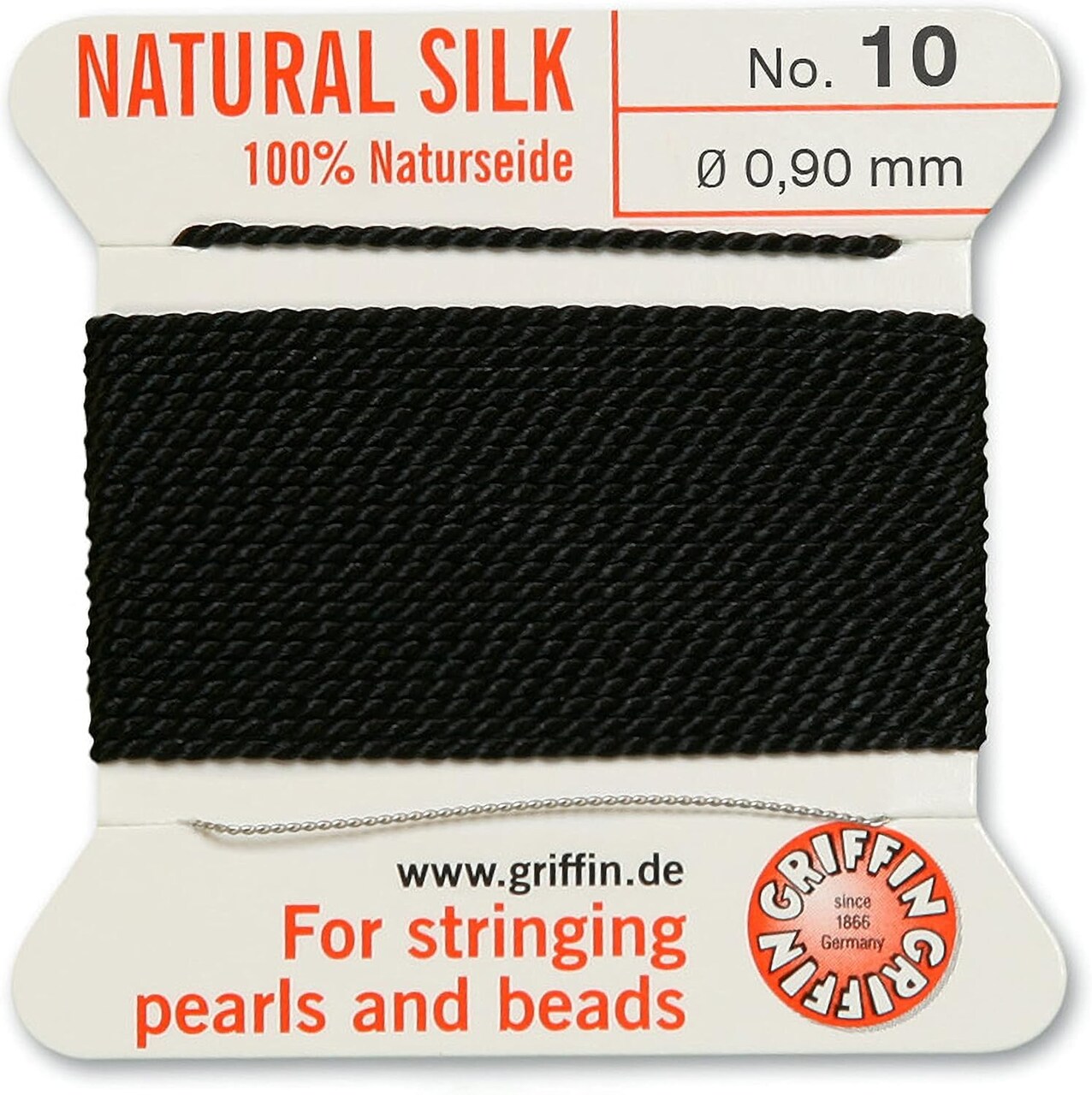 Griffin Silk Bead Cord Perlseide – Size 10 (0.90mm) – 2 Meters per Card – Stainless Steel Needle Attached – for Knotting Pearls, Gemstones, Crystals and Beads